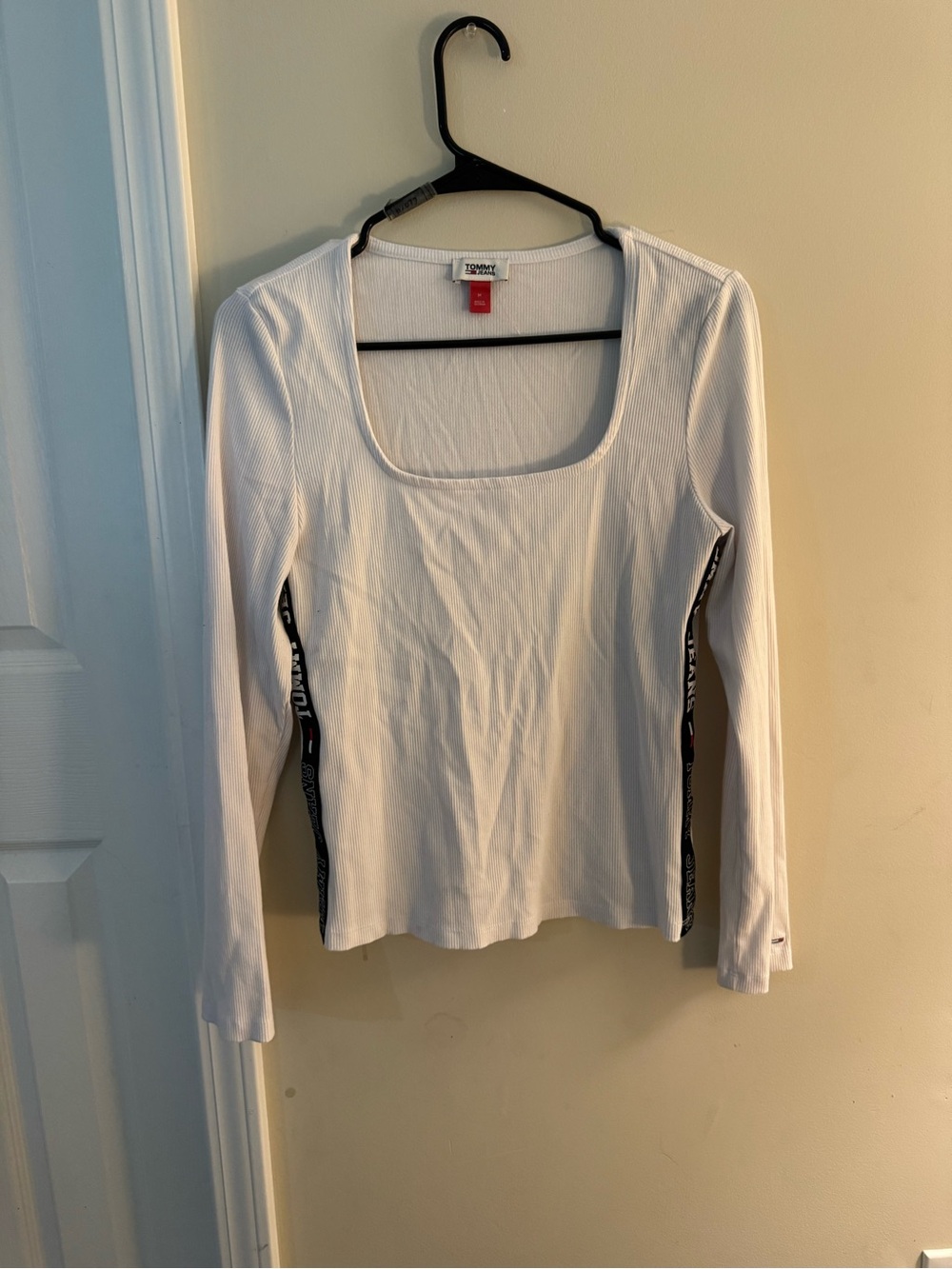 Tommy Hilfiger White Ribbed Long-Sleeve Square Neck Tee with Side Logo Tape